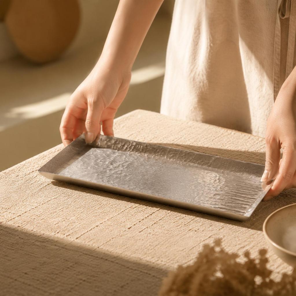 Hammered Rectangular Tray Low-Height Metal Silver-Tone for Dresser