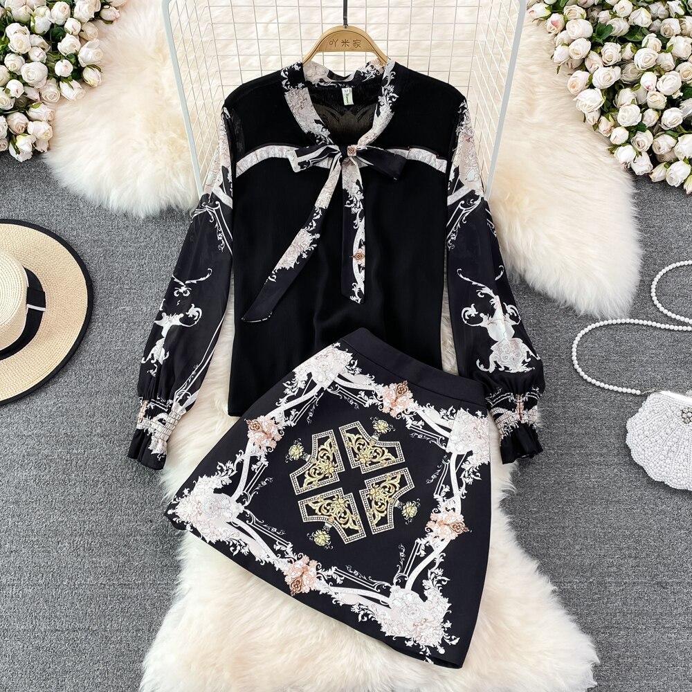 Fashion Suit Female Celebrity Temperament Ol Professional Bow Chiffon Shirt Two-Piece Set High Waist Hip Skirt Spring