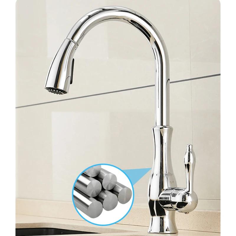 Kitchen Faucet Silver Single Handle Pull Out Design Single Hole Swivel 360 Degree Water Mixing Tap Mixer for Home Use