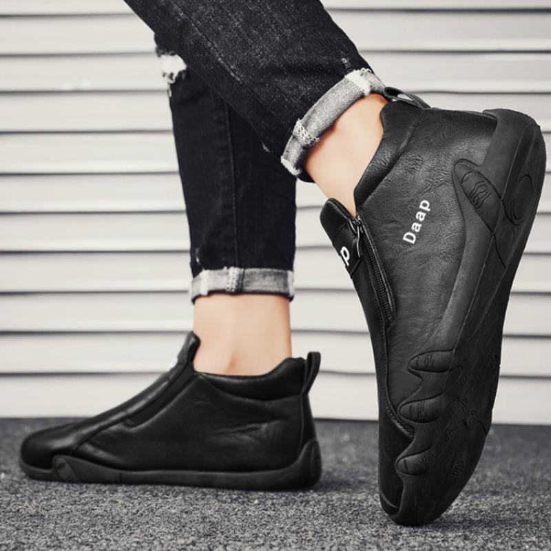 Brand Men's Leather Casual Shoes Fashion Designer Ankle Boots Trend Side Zipper Loafers Waterproof Soft Sole Outdoor Sneakers