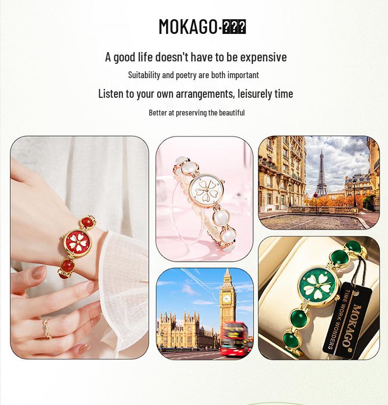 Moka Diamond Luminous Quartz Watch with Four-Leaf Clover Design, 30M Waterproof, Copper Band.