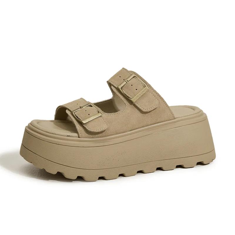 Fashion 7CM Suede Leather High Brand Comfy Peep Toe Slippers Fashion Platform Wedge Flats Sandals Summer Chunky Sneaker Hook Shoes Women