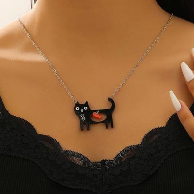 Unique and Expressive Pet Lover Necklace Highlighting Black Puss Fish Dog Bone Detail Alloy Fashionable Neck Chain
