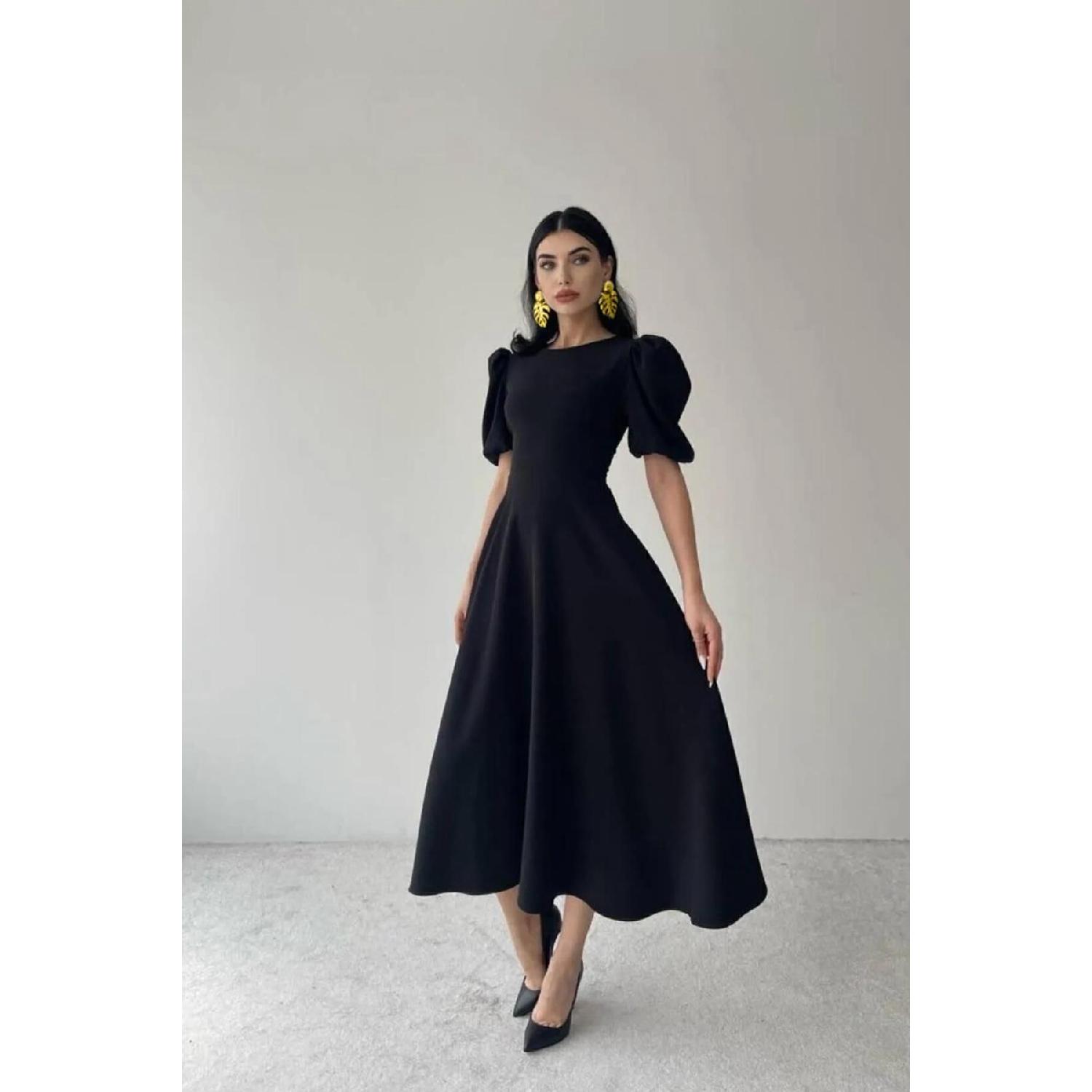 

Женское креповое платье миди с застежкой-молнией сзади и арбузным рукавом S чёрный