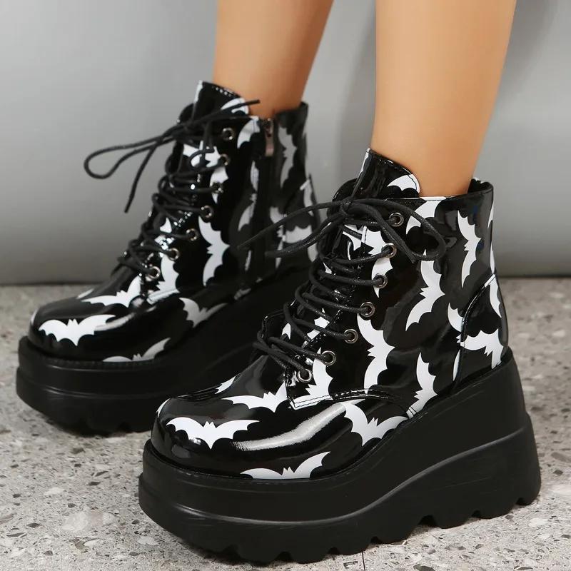 fashion Platform Gothic Ankle Boots Women Lace Up Motorcycle Boots Casual Spring Autumn Halloween Shoes Black High Heel Botas Femenina