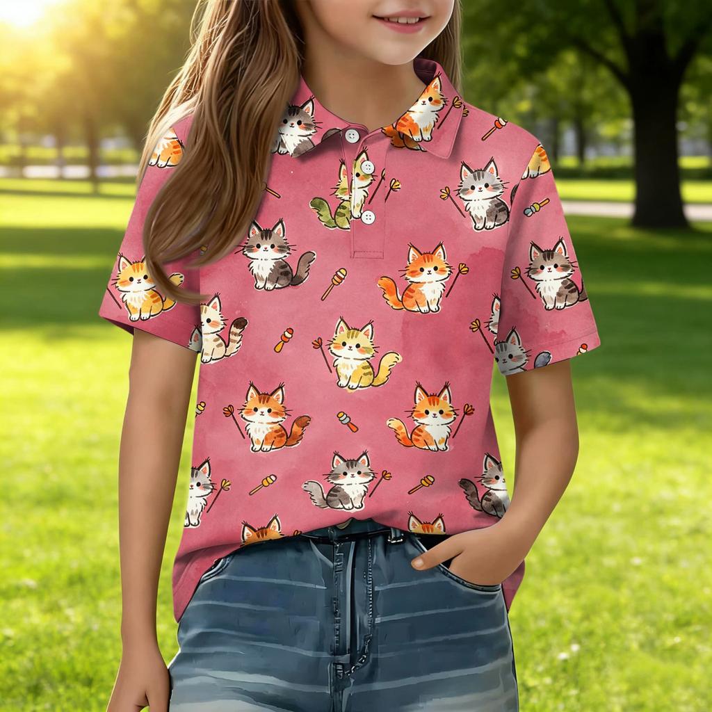 Kids Short Sleeve Polo Shirt Animal Print Casual Top Button Collar Boys Girls Lightweight Summer Tee