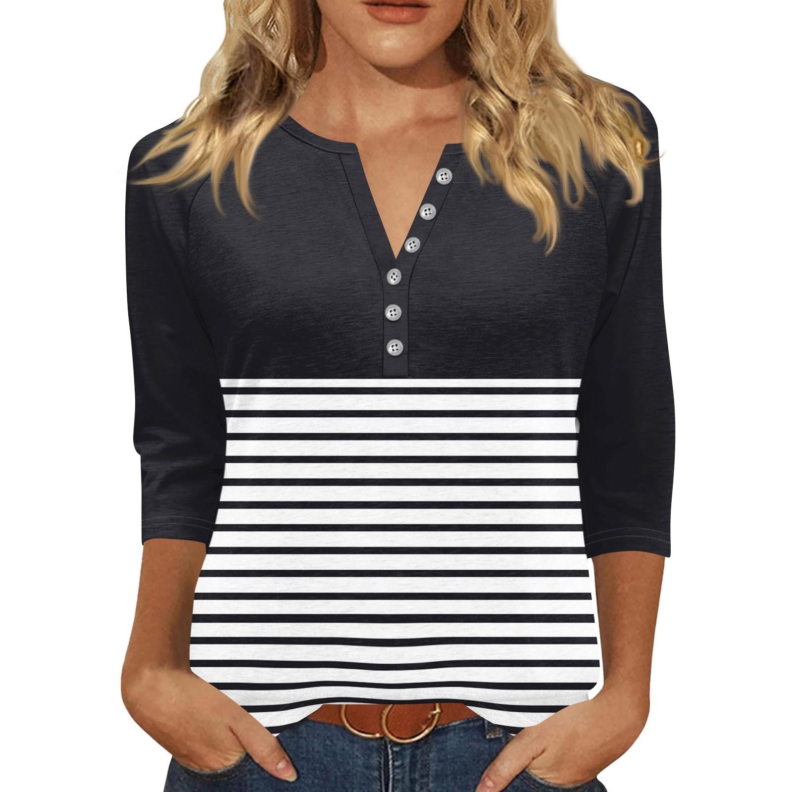 

Жен. Футболка С принтом Пуговицы Рукав 3/4 Повседневные Выходные Мода Классический Классический V-образный вырез Обычный Верх L чёрный