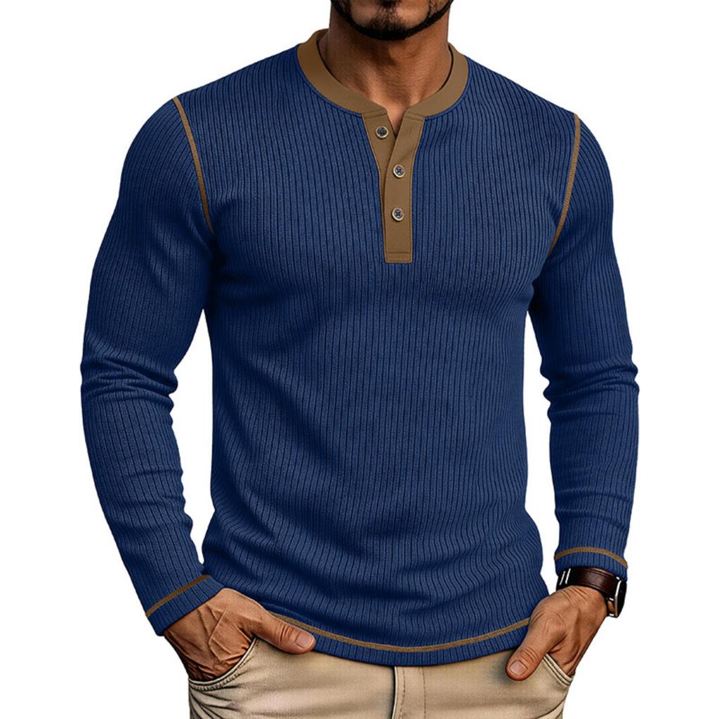 Men's Long Sleeve Henley Shirt Ribbed Knit Sweater Pullover Buttoned Collar Slim Fit Casual Top for Autumn Winter