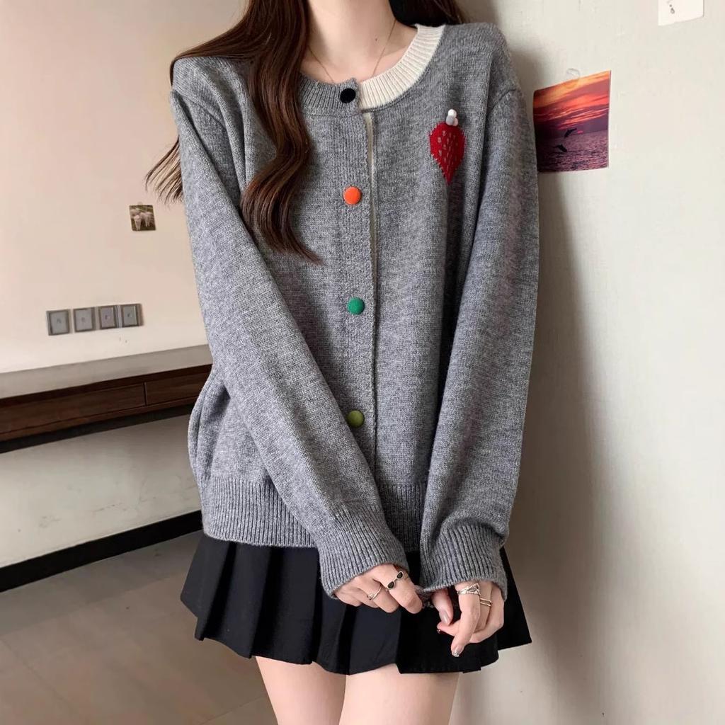 Korean Youthful Color Block Round Neck Strawberry Knit Cardigan Women Designer Sweater Top