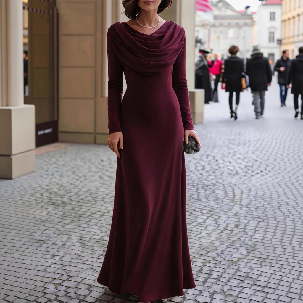 Damen Maxikleid mit langen Ärmeln und Schalkragen für formelle Abendbankette & Party-Garderobe