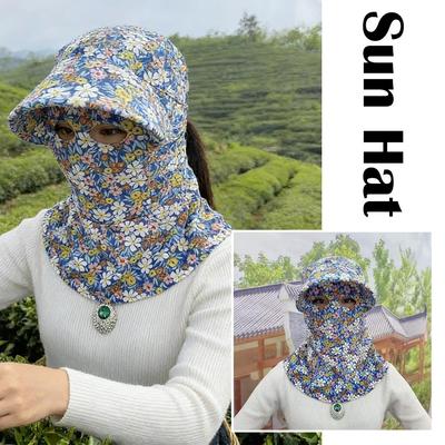 Breathable Floral Sun Hat with Face Cover, Full Coverage UV Protection for Gardening, Farming, Hiking & Travel