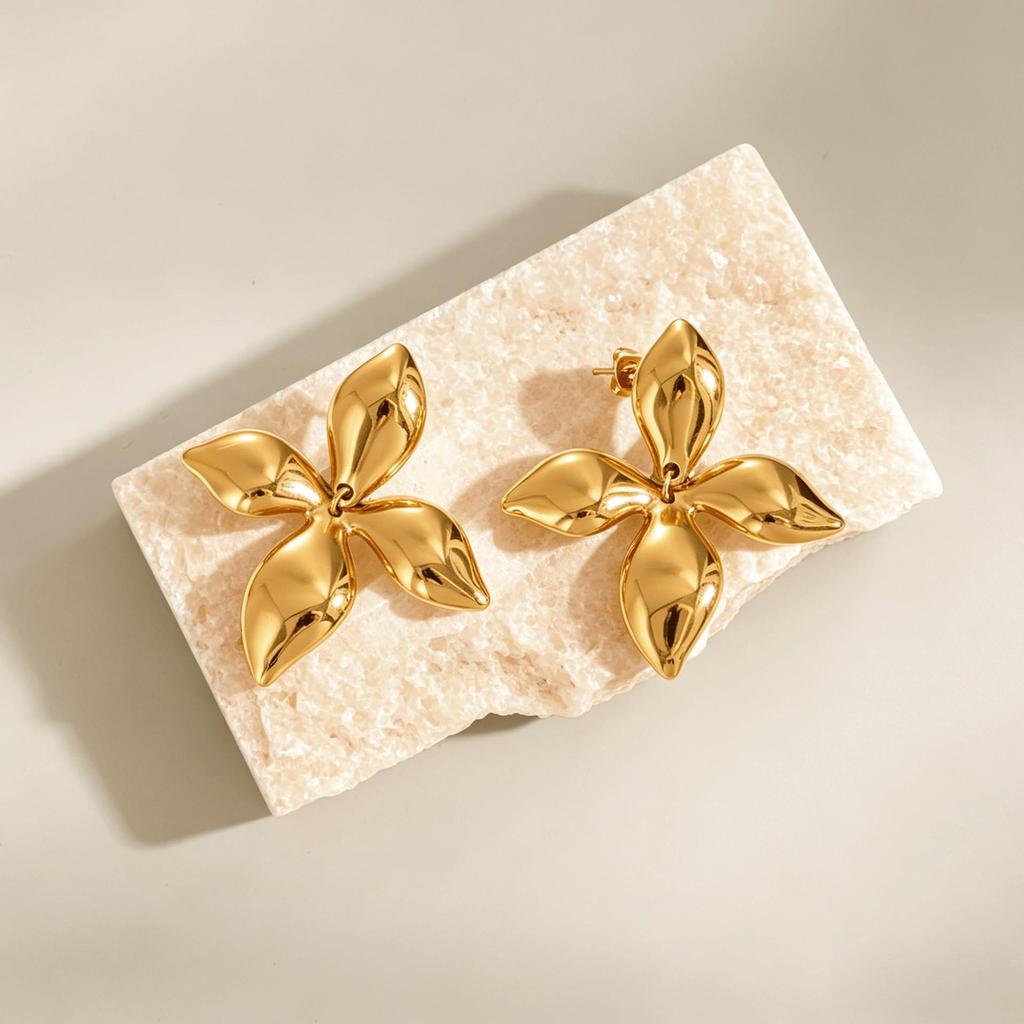 Two-Tone Gold & Silver 3D Four-Petal Flower Stainless Steel Stud Earrings for Women