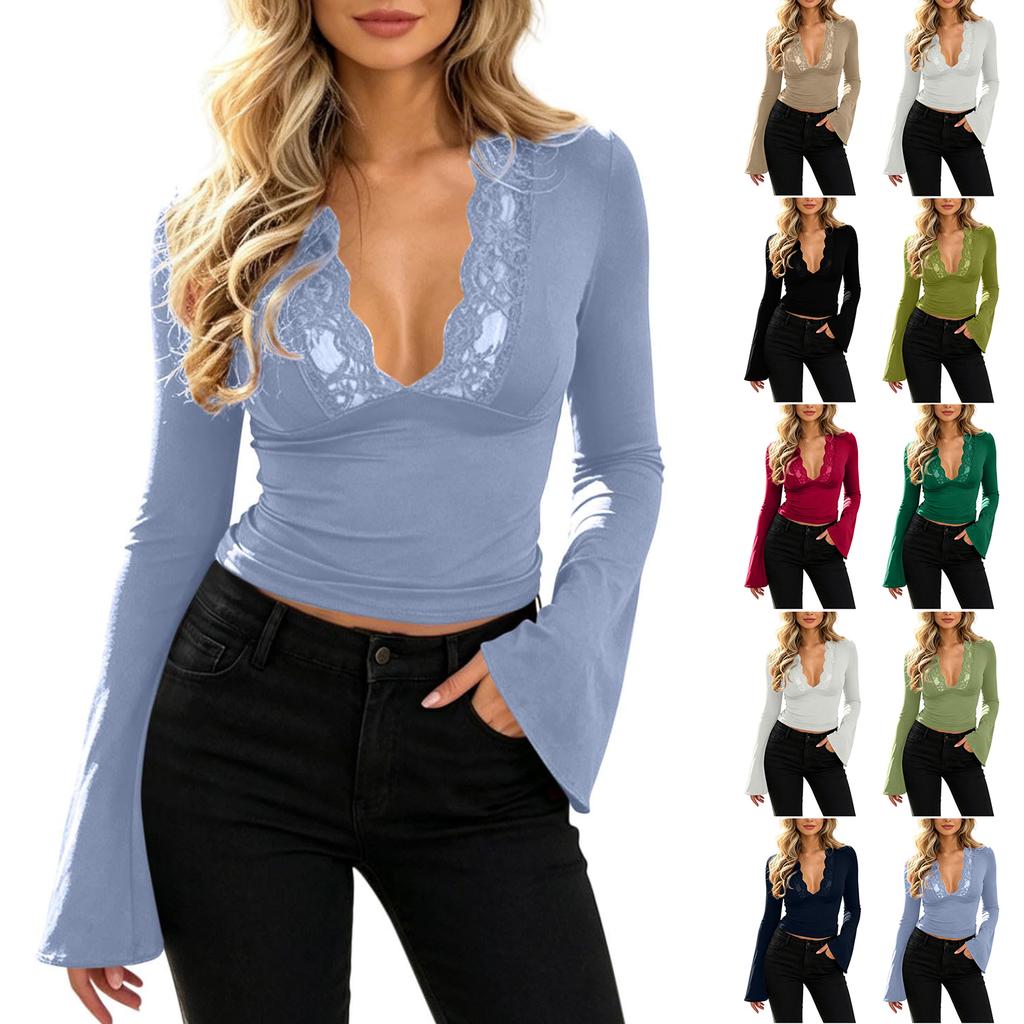 Women's Casual Lace Trim V Neck Long Bell Sleeve Top Stretchy Slim Fit Blouse Lightweight Soft Fabric Stylish Design