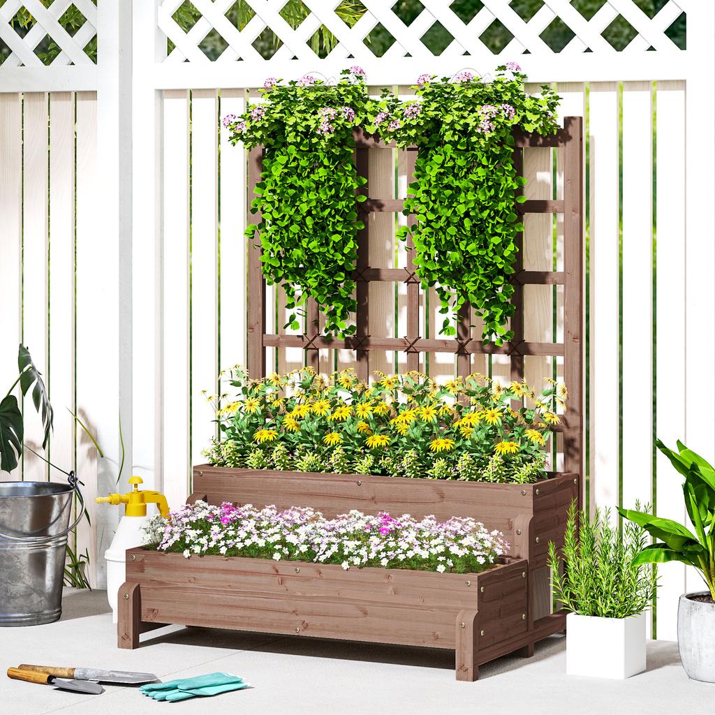 2-Tier Raised Garden Bed with Trellis, Wooden Elevated Planter Box with Drainage Holes, Outdoor Raised Planter for Climbing Plants, Fruits
