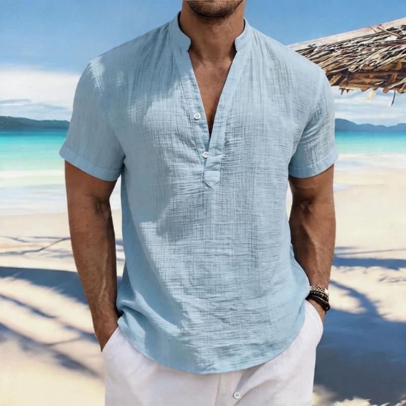 Heren Casual Linnen Korte Mouw Henley Shirt