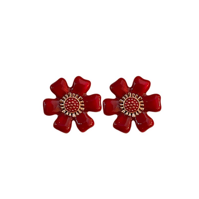 

Wine Red Flower Stud Earrings for Women Fashion Enamel Oil Korean Vintage Sweet Earrings Wedding Party Girls Zircon Accessories