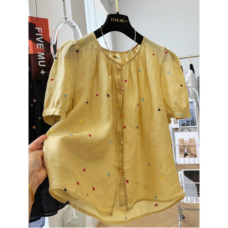 Women Loose Embroidered Love Heart Round Neck Short Sleeve Casual Shirt M