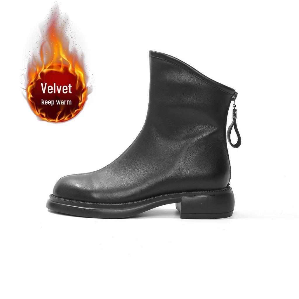 British Style Women's Genuine Leather Martin Boots, Autumn/Winter 2025 Vintage Brown, Non-Slip Fleece-Lined Flat Ankle Boots.