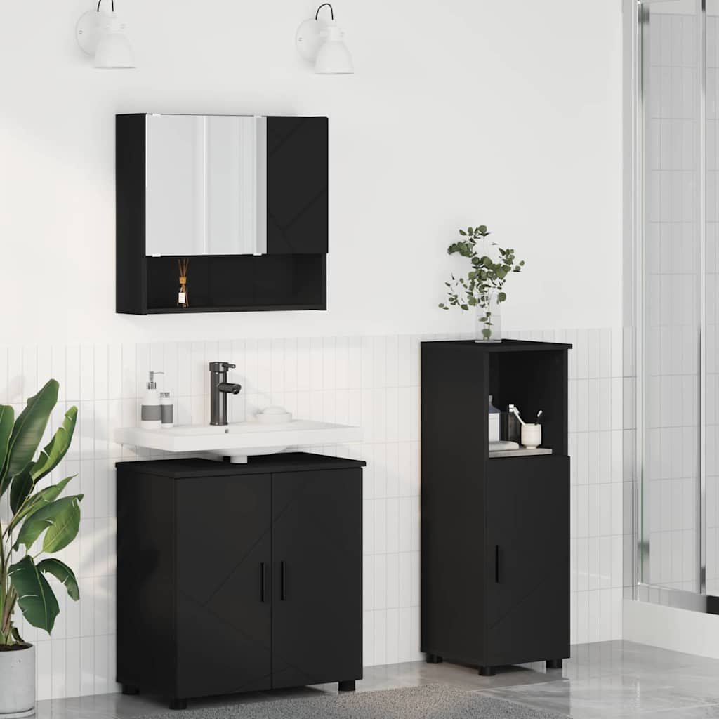 Bathroom Furniture Set 3 Pcs Black Engineered Wood & Metal