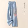 Light Blue Floral Embroidered Women's Curved Leg Jeans - New Chinese Style, Thin, Loose, Hip-Covering, Straight Leg for Spring and Autumn