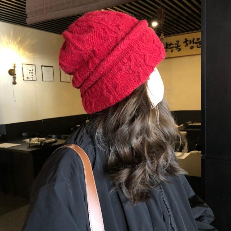 Korean Hand Knitted Pullover Hat for Autumn and Winter New Thickened Woolen Hat for Women Showing Face Small Ear Protection  Warm Pile Hat