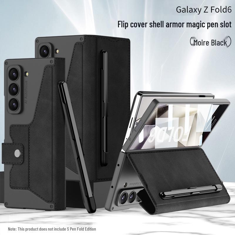 Samsung Z Fold 6 Armor Flip Leather Case with Pen Slot - Full-Wrap Business Shell