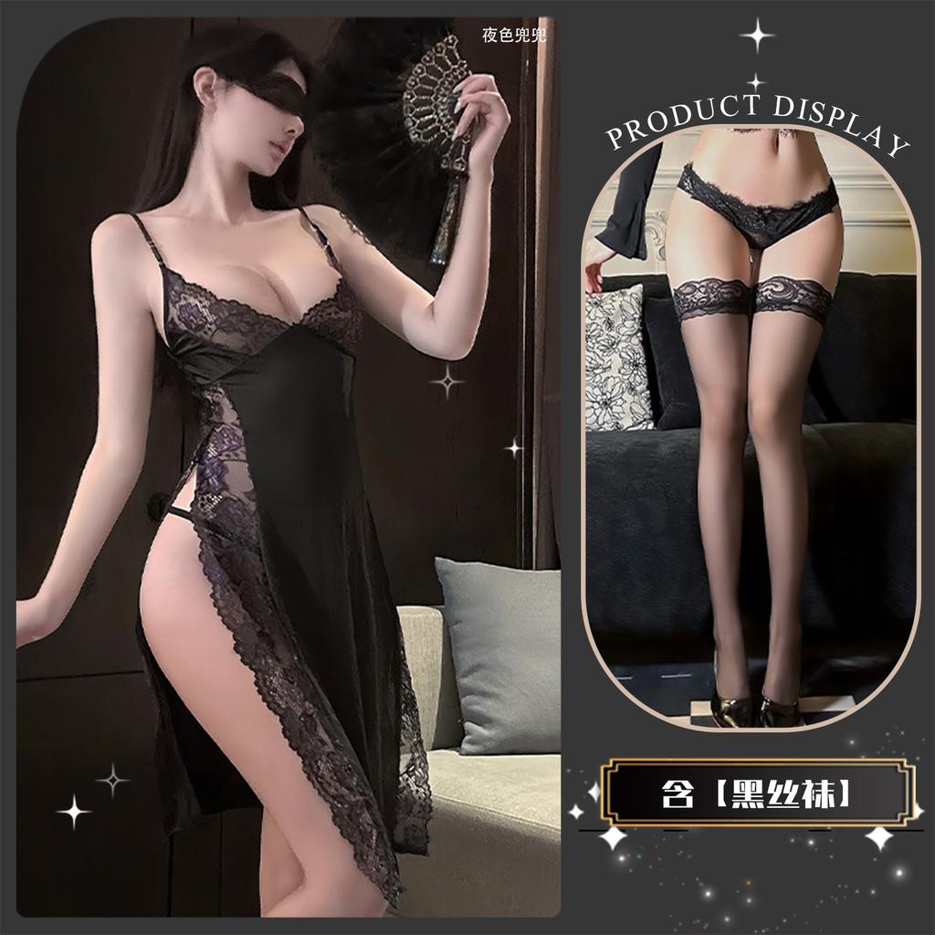 Sexy Underwear, Sexy Suspenders, Printed Slim-fitting Seduction Dress, Lace Leakage, Split Fork, Pure Desire Cheongsam