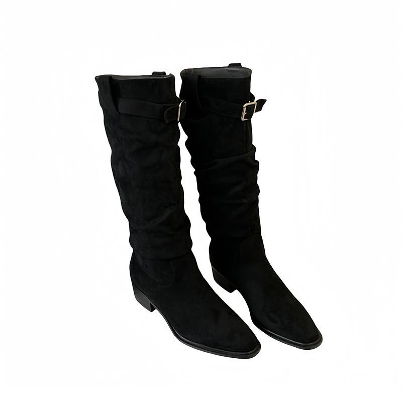 2025 New Pointed High-heeled Stacking Boots Long Boots Women's New Autumn and Winter Matte Suede Thin Long Tube Knight Boots