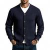 V Neck Long Sleeve Buttoned Jacquard Solid Color Casual Vintage Cardigan Sweatshirt