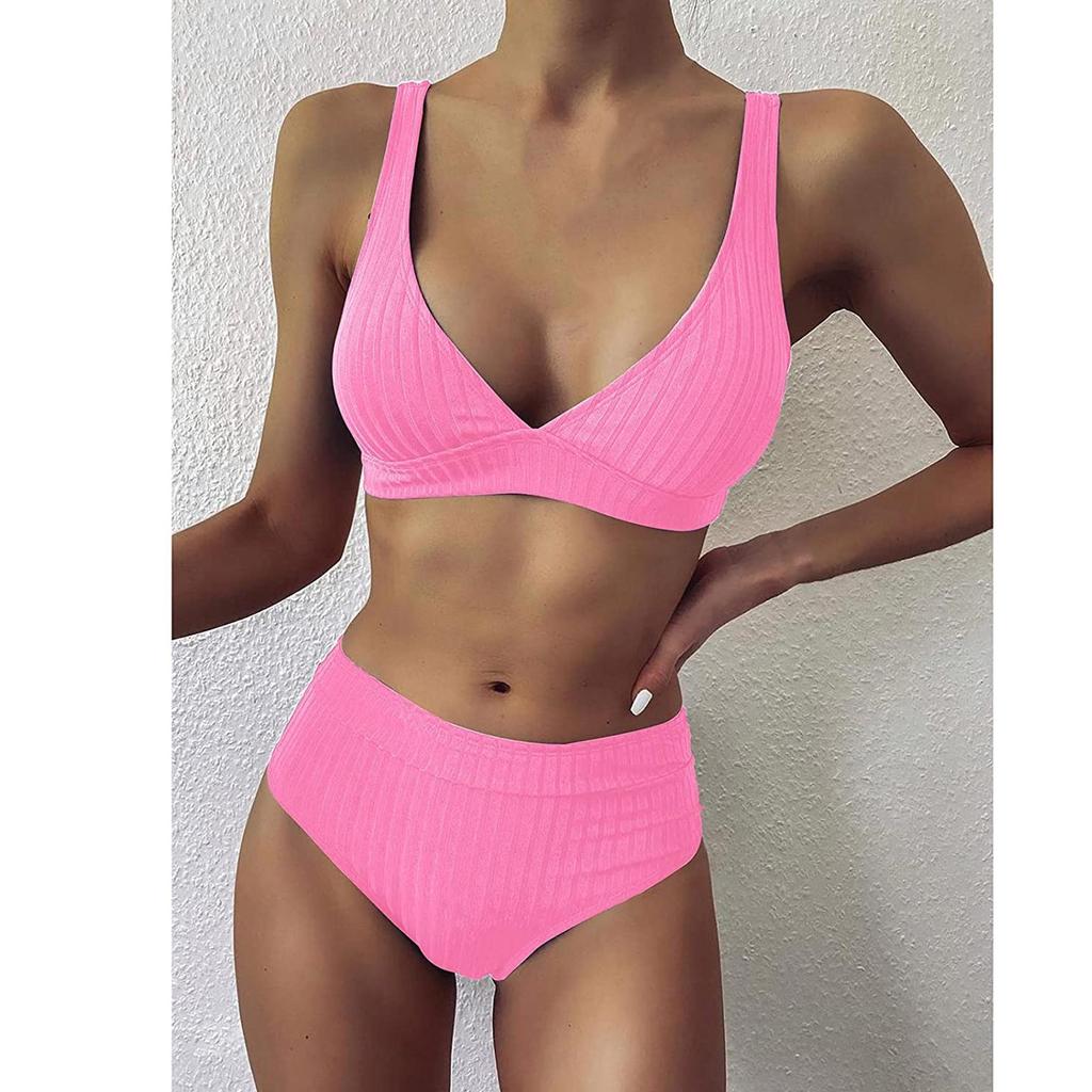 Women's Solid Colours High-Breasted Straps Bikini Set Two-Piece Swimsuit