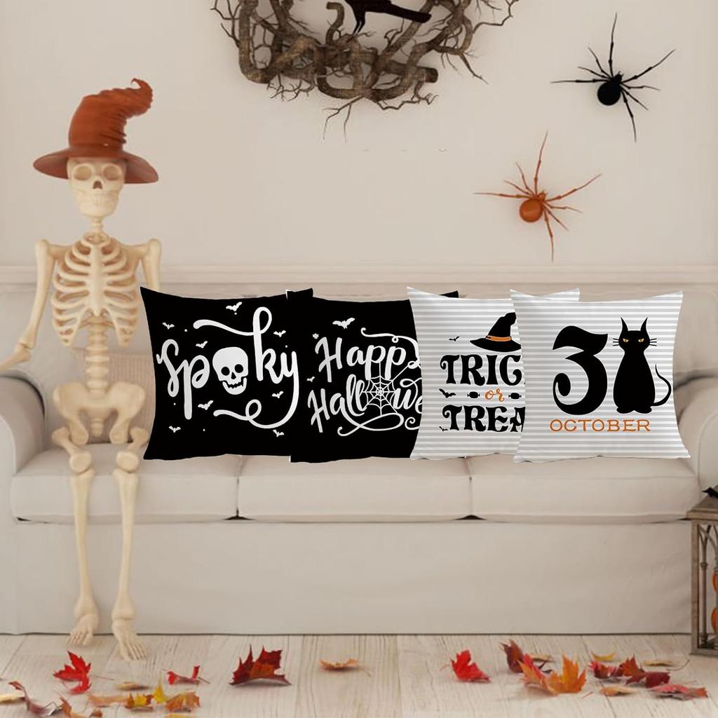 Halloween Throw Pillow Covers Set Of 4 Black Cat Spider Web Skull Decorative Cushion Case Trick Treat Pillowcase For Home Decor