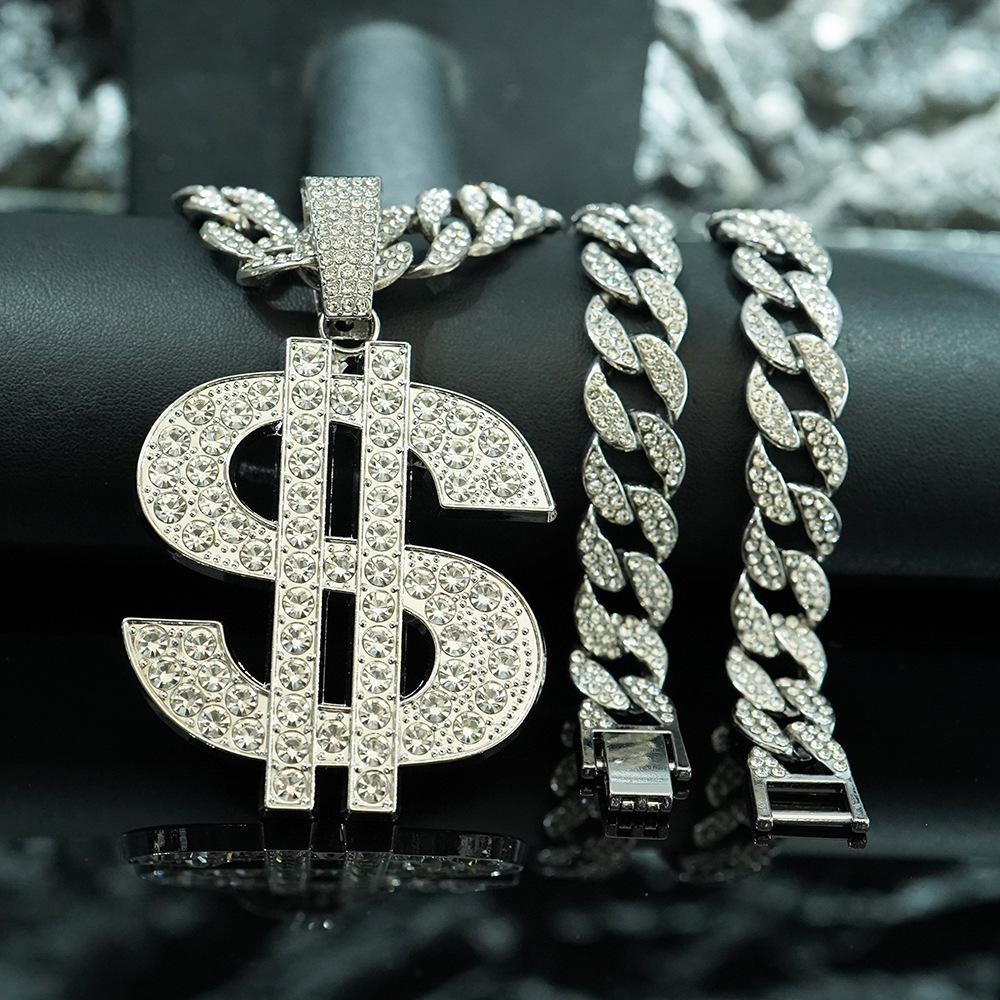 Exaggerated US Dollar Sign Hip Hop Necklace with Diamond Inlays - Trendy Alloy Pendant for Men