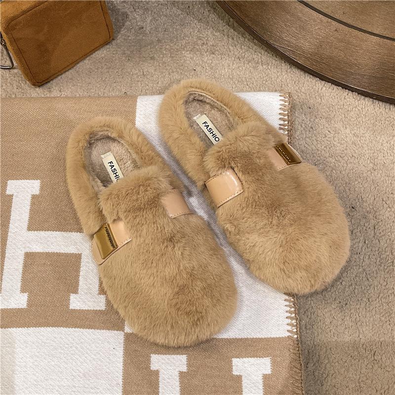 Flat-bottomed bag head fluffy slippers for women's outer wear 2025 new autumn and winter advanced sense one-pedal plush bag head cotton slippers