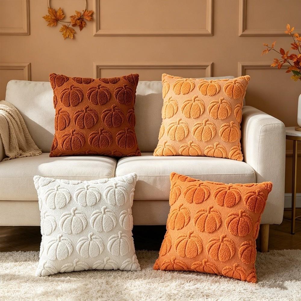 Soft Plush Fabric Throw Pillow Covers Pumpkin Pattern Faux Wool Cushions  Living Room Bedroom