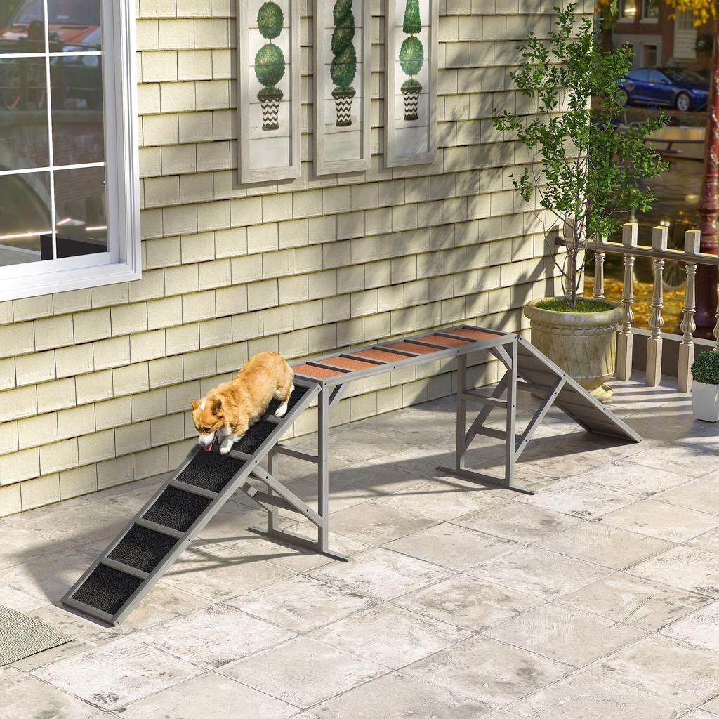 Dog Agility Ramp with Safety Bar Non-Slip Surface Weatherproof Agility Equipment Up To 40 Kg 335x55x60 Cm Grey