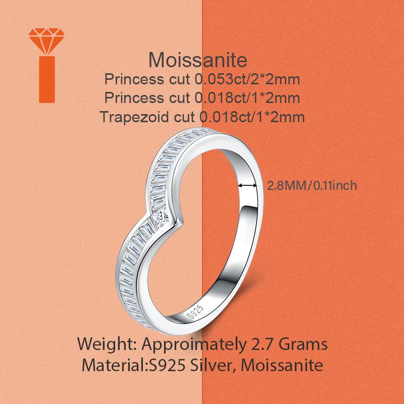 Local Spot Stock Chic Chevron V Curve Mixed Trapezoid Princess Moissanite Band S925 Silver Face Flattering Statement Rings