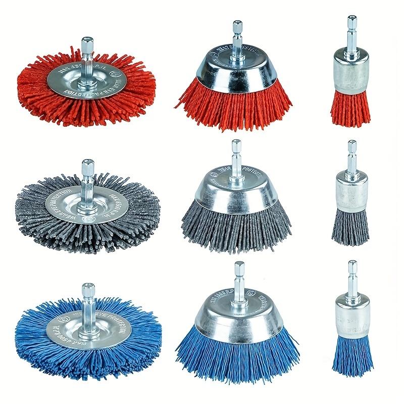 

Abrasive Wire Brush Wheel Nylon Filament Drill Wheel Cup Brush Versatile Abrasive Brushes 1/4 Inch Hex Shank 9-Piece Set For