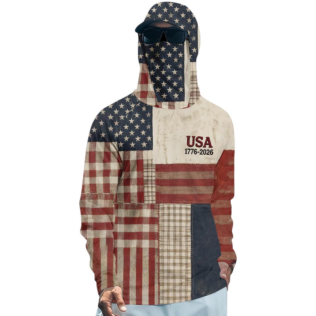 Long Sleeve Hooded Shirt with USA Flag Print Lightweight Pullover Top Casual Fit Soft Material for Everyday Wear