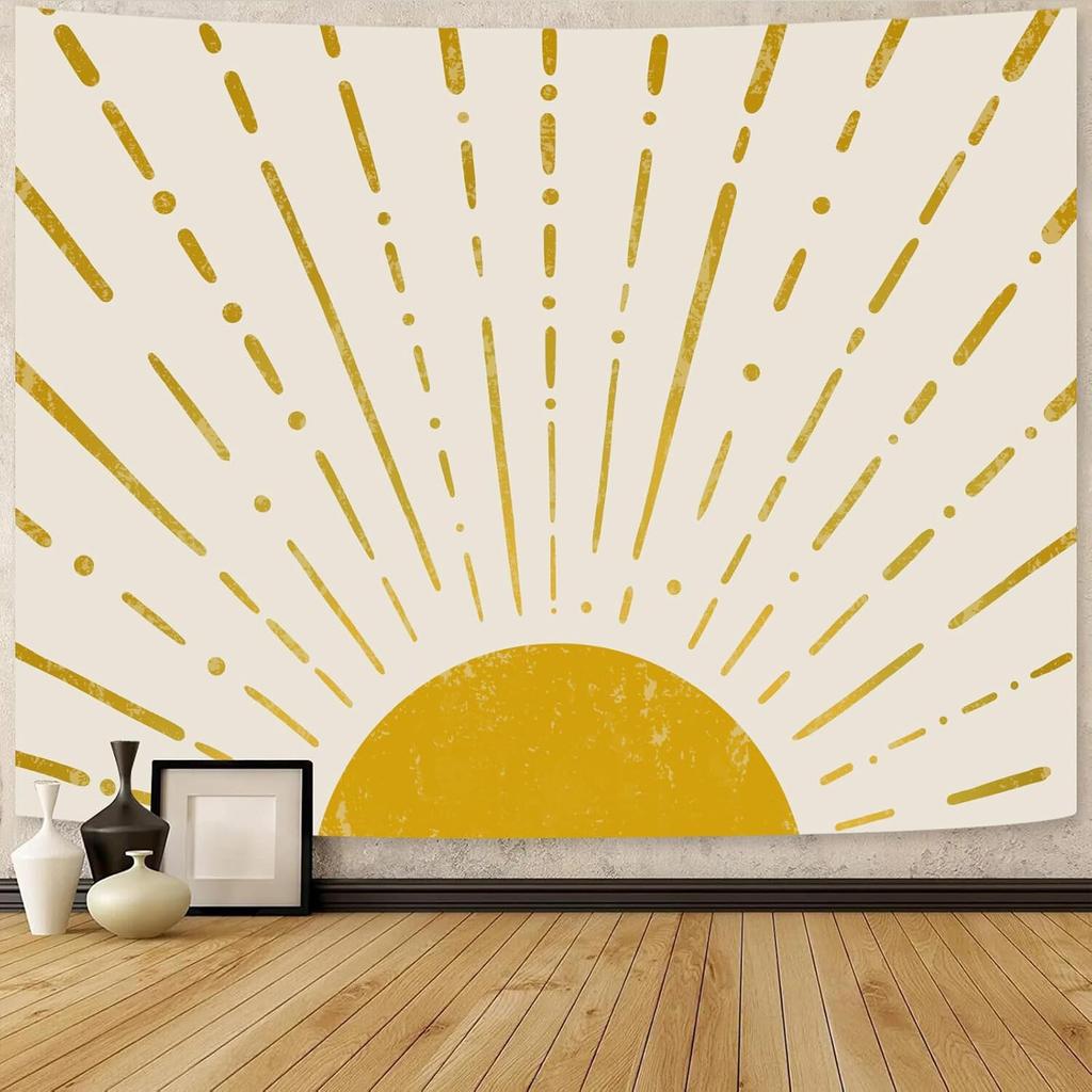 Kanuyee Gold Boho Burning Sun Tapestry Wall Hanging, Retro 70s Abstract Vintage Geometric Line Sunrise Tapestries for Bedroom Living Room Backdrop
