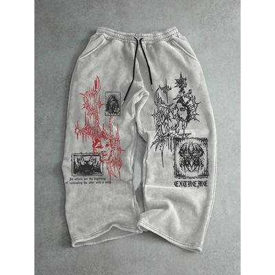Gray Baggy Wide Leg Sweatpants for Men, White Abstract Tribal Flame Prints, Drawstring Closure, Street Style Casual Comfort