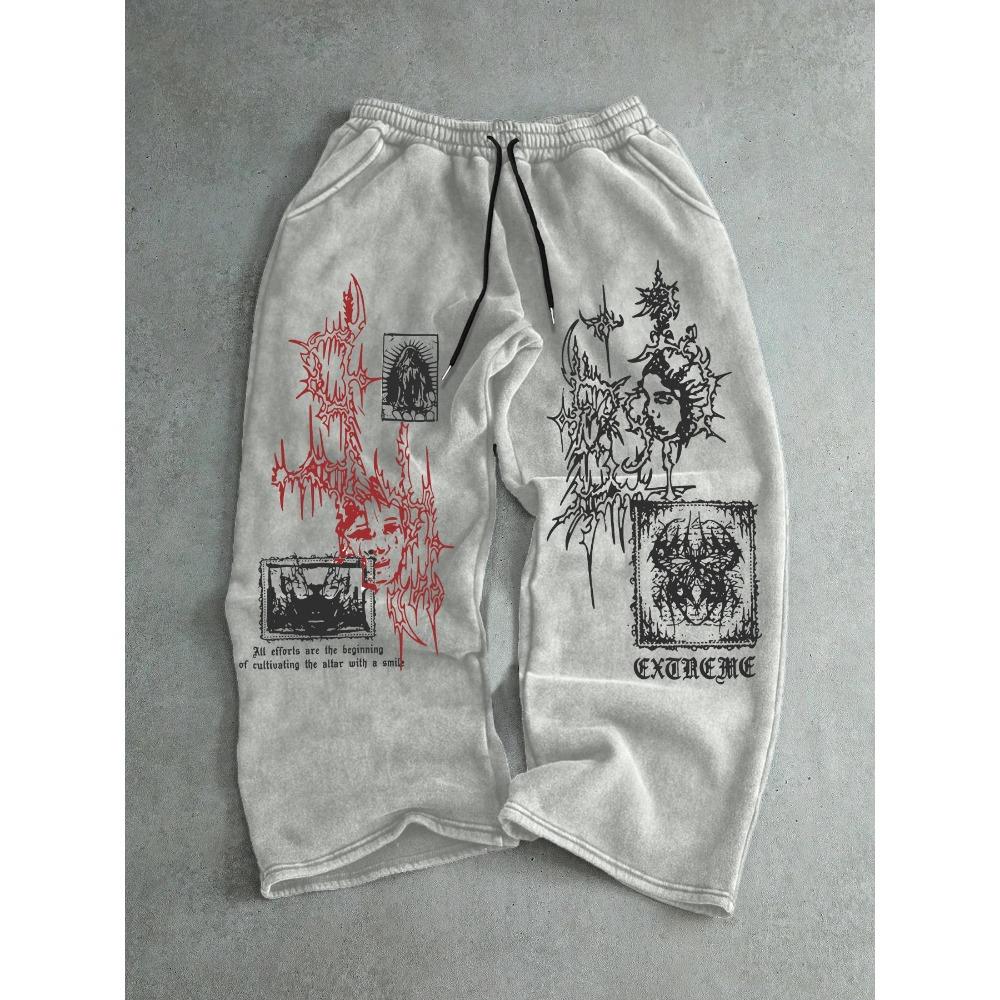 Men s Gothic Patterned Fashionable Street Style Drawstring Sports Pants with Cross Print Casual and Fashionable Wide Leg Pants S