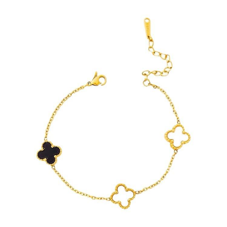 Bracelet Trèfle à Quatre Feuilles en Acier Titane Plaqué Or pour Femme - Noir & Blanc, Double Face, Design Luxe Simple