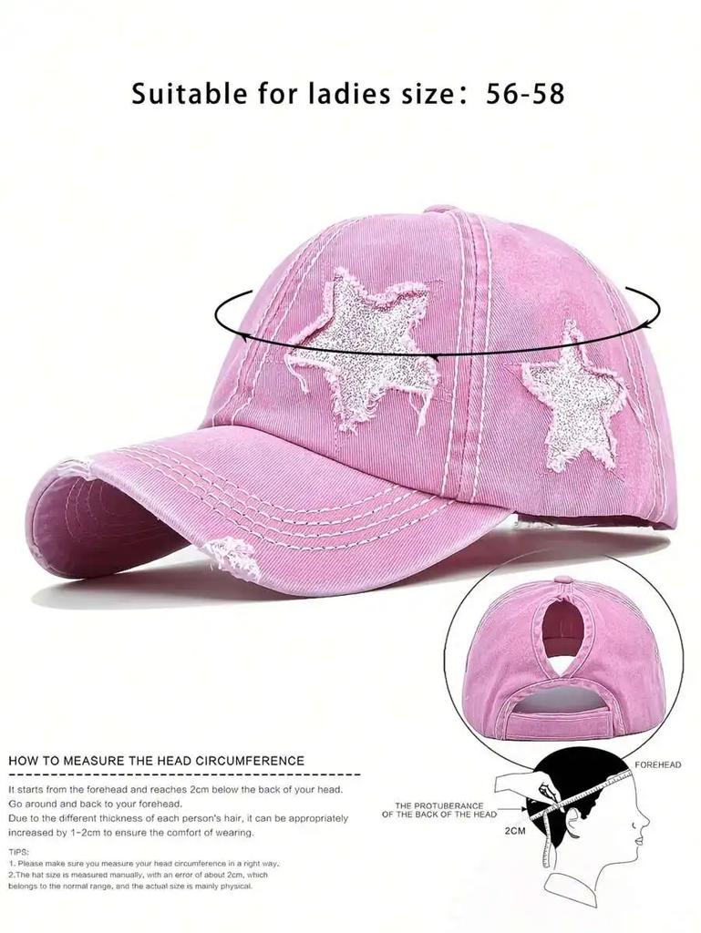 Pink Embroidered Star Washed Distressed Baseball Cap With Ponytail Opening For Women