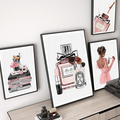 Pink Flower Perfume Fashion Poster Woman Makeup Lipstick Book Canvas Painting Wall Art Print Picture Girl Bedroom Home Decor