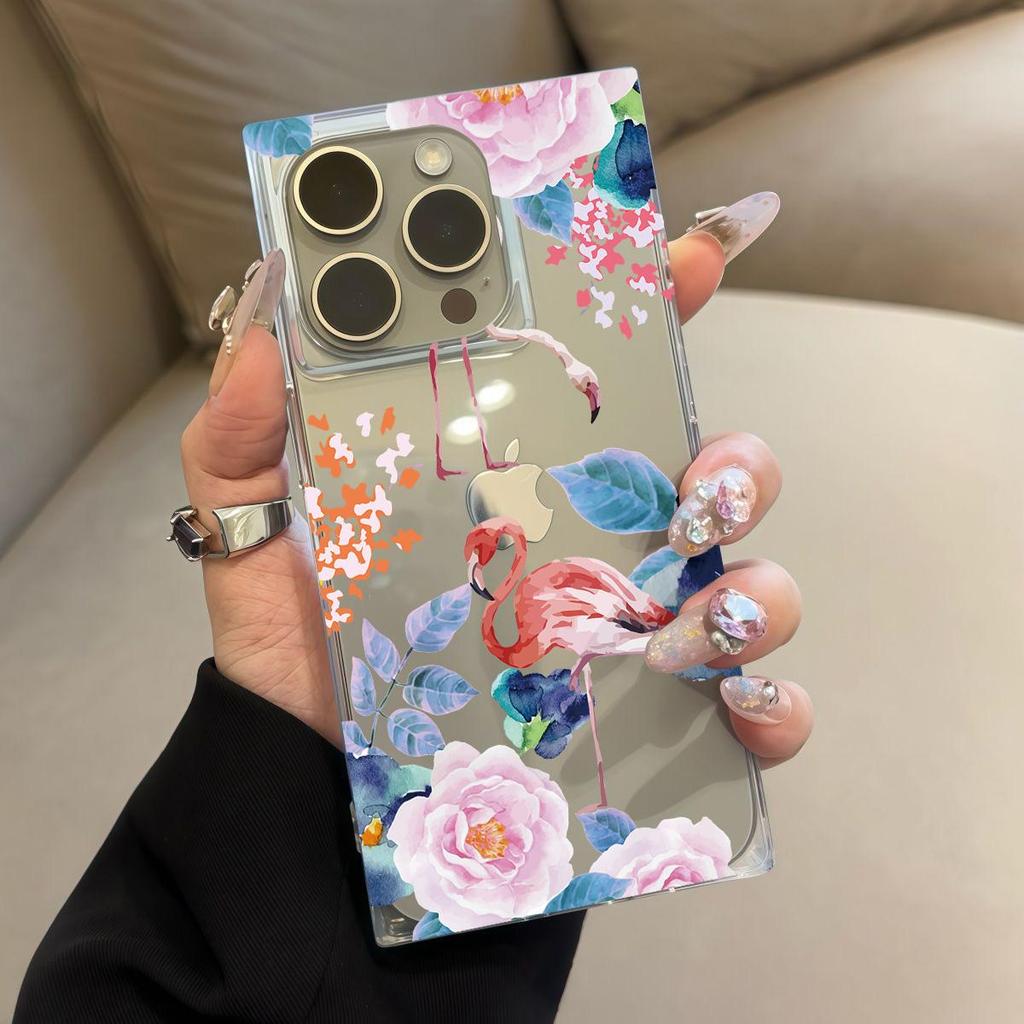 Clear Square Back Tube Case Protection For iPhone 12 16 ProMax 15 Plus 13 14 Pro Max 11 Anti-Oxygen,Flamingo Pattern Casing