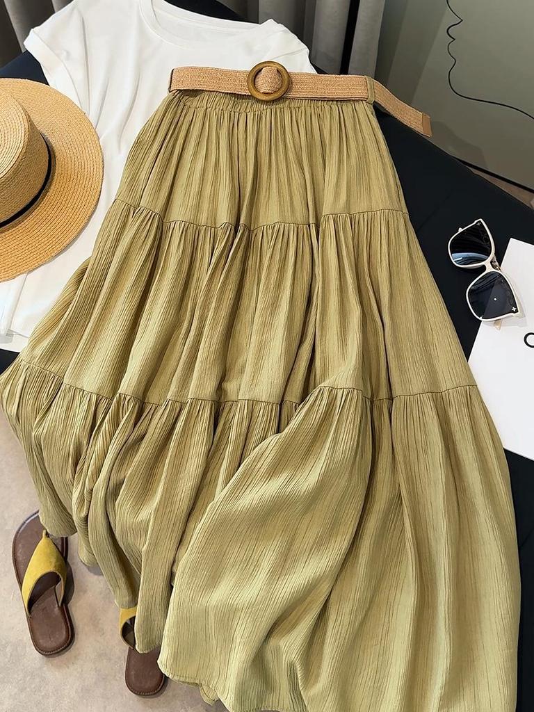 2026 Spring Women's High Waist A-line Pleated Skirt, Gentle Ice Silk Cotton Linen, Fat-Concealing Cake Design