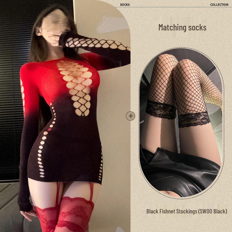 Colorful Gradient Mesh Suspender Skirt with Open Crotch and Hollow Design