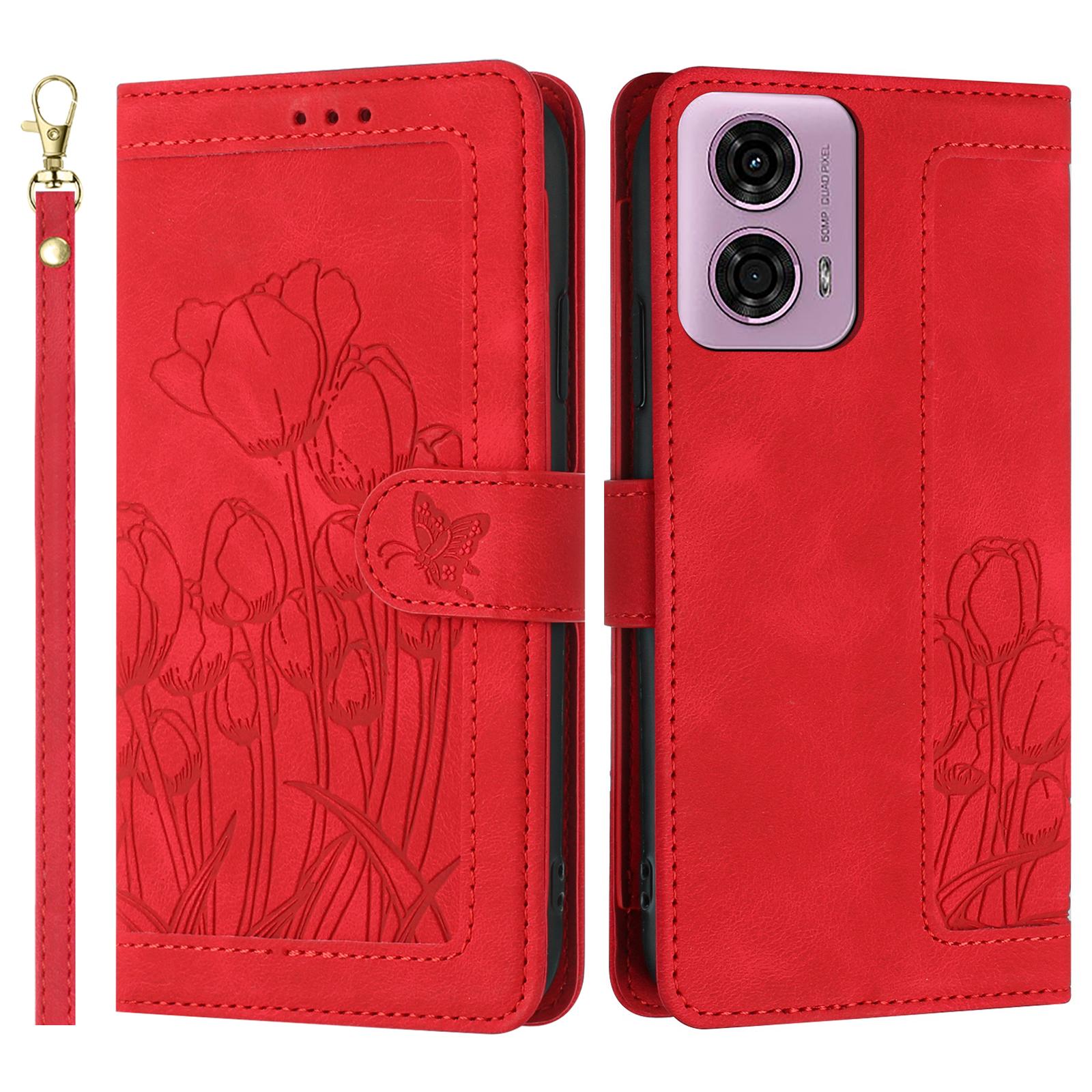 

For Motorola Moto G 5G (2024) Tulip Leather Case Phone Cover with 5 Card Slots Wallet D