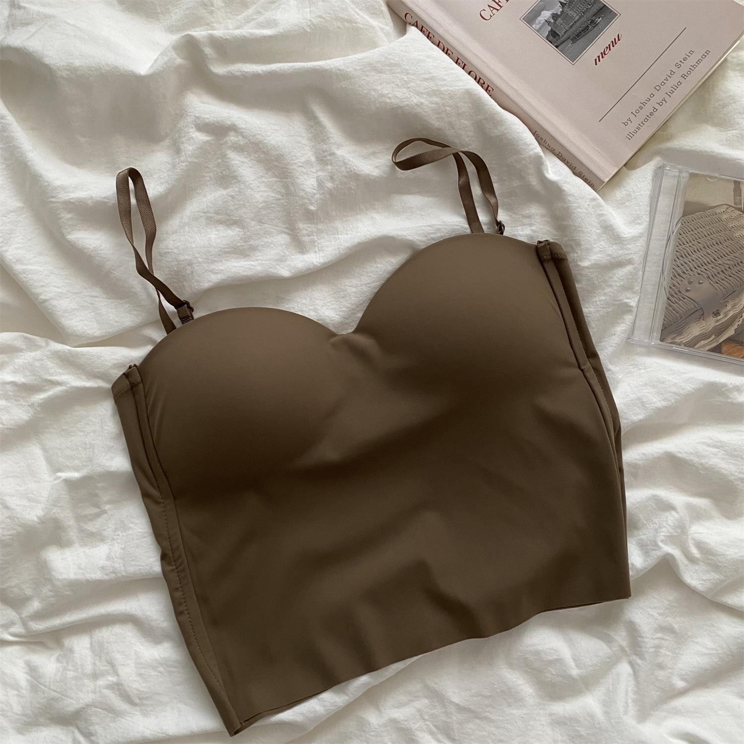 

Ice silk beauty back sling vest women s one-piece fixed cup inner design sense outer wear bottom short Spice Girl top one size fits all【 40-65kg 】