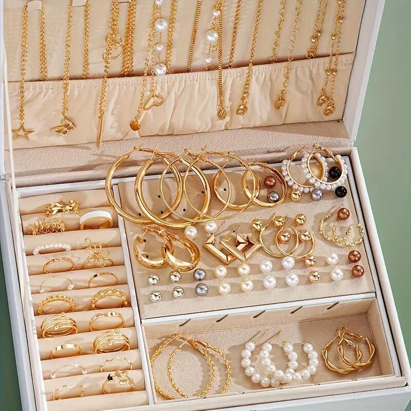 86 Stück/Set Elegante Perlenohrringe Mehrschichtige Halskette Ohrstecker Ringe 4-in-1 Schmuckset für Damen Tägliches Tragen Geschenk (Kein Kasten)